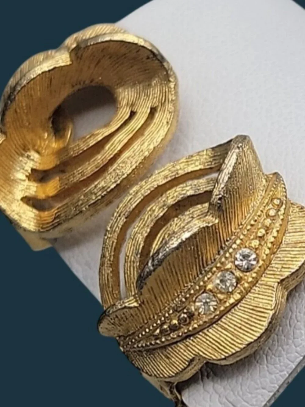 Vintage Rhinestone Accented Swirled Feather Clip On Earrings